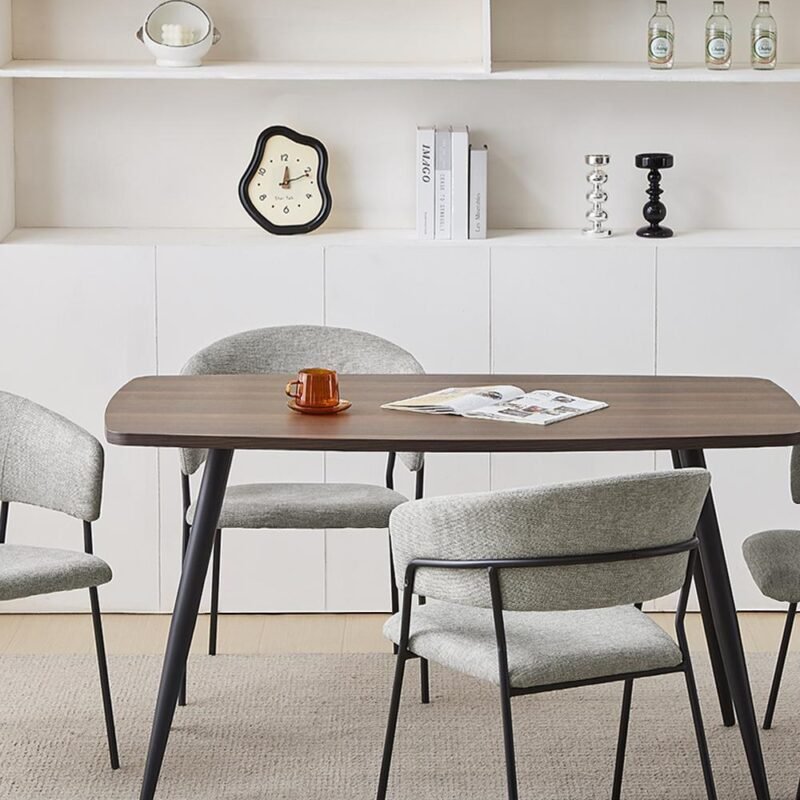 Linen Dining Chair in Mid Gray with Arms and Sturdy Metal Frame Legs