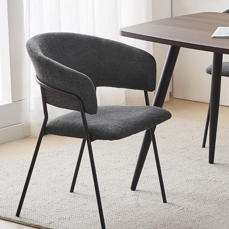 Linen-Fabric Dining Chair in Dark Gray with Arms and Sturdy Metal Frame Legs