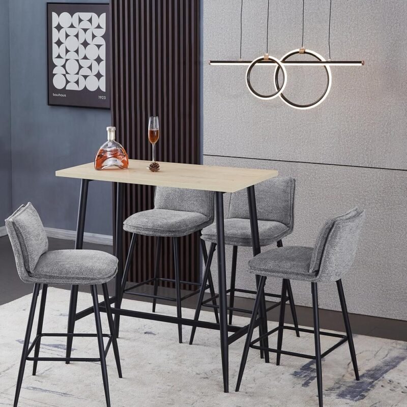 Chenille Fabric Barstools in Gray with light oak bar table