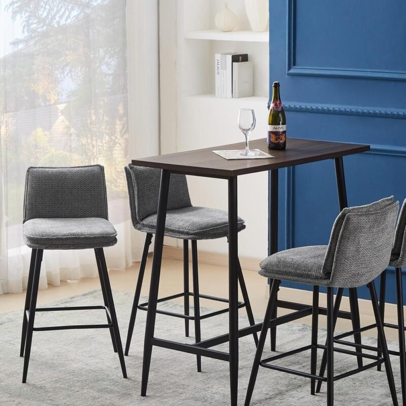 Chenille Fabric Barstools in Gray with dark bar table